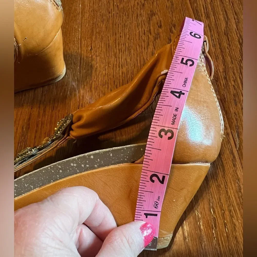 Gorgeous camel color rhinestone embellished wedge sandals size 8
